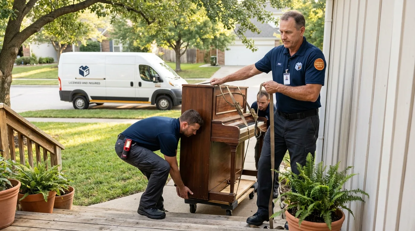 Licensed piano movers securing grand piano in Marblehead, MA
