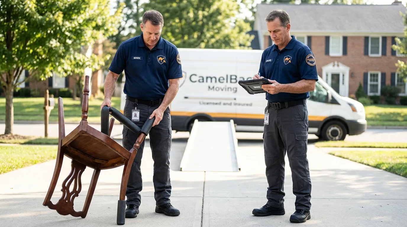 Movers inspecting furniture for damage prevention before loading in Marblehead, MA