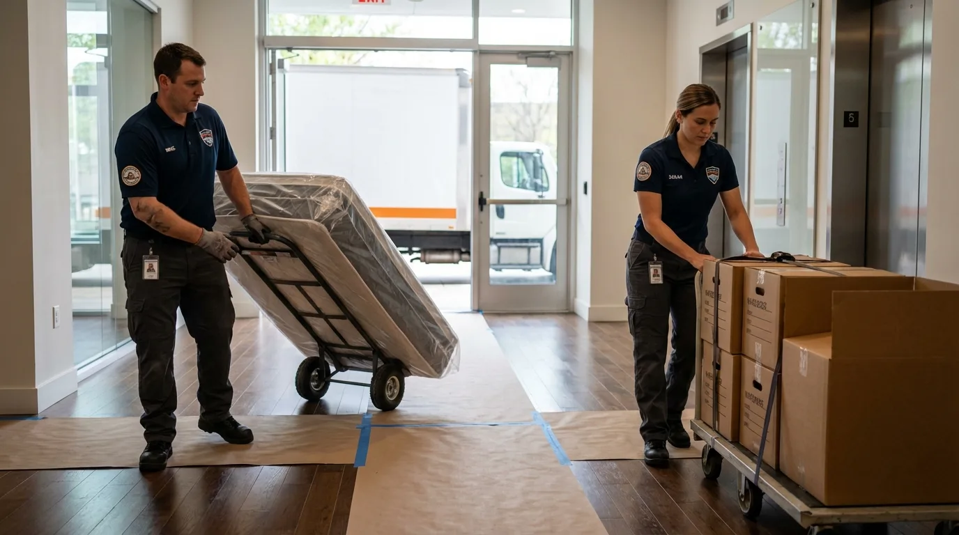 Professional apartment movers loading elevator in Marblehead, MA